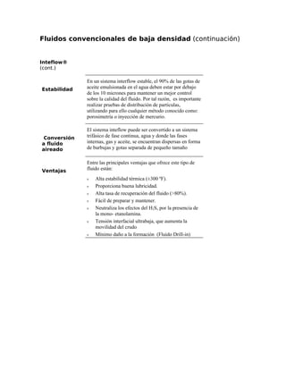 Fluidos convencionales de baja densidad (continuación)
Inteflow®
(cont.)
Estabilidad
En un sistema interflow estable, el 90% de las gotas de
aceite emulsionada en el agua deben estar por debajo
de los 10 micrones para mantener un mejor control
sobre la calidad del fluido. Por tal razón, es importante
realizar pruebas de distribución de partículas,
utilizando para ello cualquier método conocido como:
porosimetría o inyección de mercurio.
Conversión
a fluido
aireado
El sistema inteflow puede ser convertido a un sistema
trifásico de fase continua, agua y donde las fases
internas, gas y aceite, se encuentran dispersas en forma
de burbujas y gotas separada de pequeño tamaño
Ventajas
Entre las principales ventajas que ofrece este tipo de
fluido están:
ν Alta estabilidad térmica (±300 ºF).
ν Proporciona buena lubricidad.
ν Alta tasa de recuperación del fluido (>80%).
ν Fácil de preparar y mantener.
ν Neutraliza los efectos del H2S, por la presencia de
la mono- etanolamina.
ν Tensión interfacial ultrabaja, que aumenta la
movilidad del crudo
ν Mínimo daño a la formación (Fluido Drill-in)
 