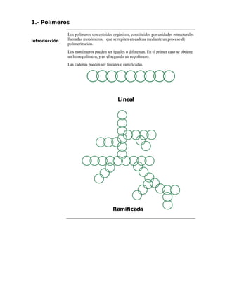 1.- Polímeros
Introducción
Los polímeros son coloides orgánicos, constituidos por unidades estructurales
llamadas monómeros, que se repiten en cadena mediante un proceso de
polimerización.
Los monómeros pueden ser iguales o diferentes. En el primer caso se obtiene
un homopolímero, y en el segundo un copolímero.
Las cadenas pueden ser lineales o ramificadas.
Lineal
Ramificada
 