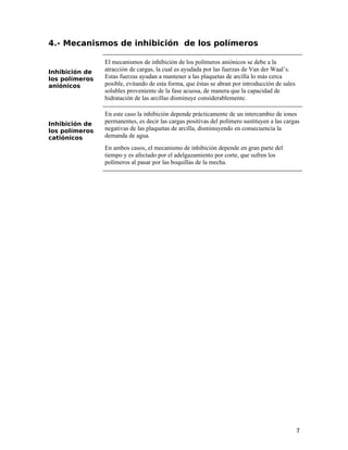4.- Mecanismos de inhibición de los polímeros
Inhibición de
los polímeros
aniónicos
El mecanismos de inhibición de los polímeros aniónicos se debe a la
atracción de cargas, la cual es ayudada por las fuerzas de Van der Waal’s.
Estas fuerzas ayudan a mantener a las plaquetas de arcilla lo más cerca
posible, evitando de esta forma, que éstas se abran por introducción de sales
solubles proveniente de la fase acuosa, de manera que la capacidad de
hidratación de las arcillas disminuye considerablemente.
Inhibición de
los polímeros
catiónicos
En este caso la inhibición depende prácticamente de un intercambio de iones
permanentes, es decir las cargas positivas del polímero sustituyen a las cargas
negativas de las plaquetas de arcilla, disminuyendo en consecuencia la
demanda de agua.
En ambos casos, el mecanismo de inhibición depende en gran parte del
tiempo y es afectado por el adelgazamiento por corte, que sufren los
polímeros al pasar por las boquillas de la mecha.
7
 
