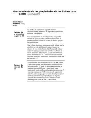 Mantenimiento de las propiedades de los fluidos base
aceite (continuación)
Estabilidad
eléctrica (EE),
(Cont.)
Calidad de
la emulsión
según la EE
La calidad de la emulsión se puede evaluar
cualitativamente por medio de la prueba de estabilidad
eléctrica. Por ejemplo:
Una caída repentina en el voltaje indica una posible
entrada de agua, la cual es corroborada mediante la
prueba de retorta. Si este es el caso, se deberá agregar
un emulsificante.
Si el voltaje disminuye lentamente puede indicar que la
emulsión se está debilitando y que se requiere la
adición de mas emulsificante. También puede indicar
que se ha agregado demasiada cantidad de cloruro de
calcio al sistema. En este caso, la actividad del fluido
estará alrededor de 0.30. Cuando esto ocurre, se debe
adicionar agua para mantener la actividad del fluido por
encima de 0.35.
Rangos de
valores de
EE
Generalmente, una estabilidad eléctrica de 400 voltios
o más, es aceptable para densidades que estén dentro
del rango de 8 a 12 lb/gal. A densidades más altas se
requiere más emulsificante y humectante para
mantener la barita totalmente humedecida con aceite. A
mayor porcentaje de sólidos, mayor es la separación
entre las gotas de agua, por lo tanto, el voltaje a aplicar
también deberá ser mayor para lograr un flujo de
corriente. La estabilidad eléctrica para los fluidos
pesados puede variar de 500 a 2000 voltios.
 