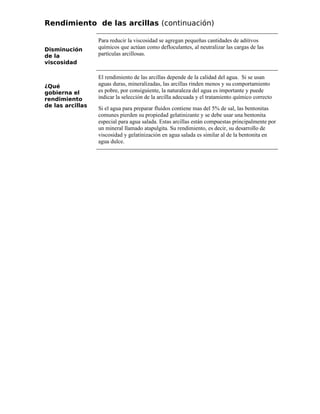 Rendimiento de las arcillas (continuación)
Disminución
de la
viscosidad
Para reducir la viscosidad se agregan pequeñas cantidades de aditivos
químicos que actúan como defloculantes, al neutralizar las cargas de las
partículas arcillosas.
¿Qué
gobierna el
rendimiento
de las arcillas
El rendimiento de las arcillas depende de la calidad del agua. Si se usan
aguas duras, mineralizadas, las arcillas rinden menos y su comportamiento
es pobre, por consiguiente, la naturaleza del agua es importante y puede
indicar la selección de la arcilla adecuada y el tratamiento químico correcto
Si el agua para preparar fluidos contiene mas del 5% de sal, las bentonitas
comunes pierden su propiedad gelatinizante y se debe usar una bentonita
especial para agua salada. Estas arcillas están compuestas principalmente por
un mineral llamado atapulgita. Su rendimiento, es decir, su desarrollo de
viscosidad y gelatinización en agua salada es similar al de la bentonita en
agua dulce.
 