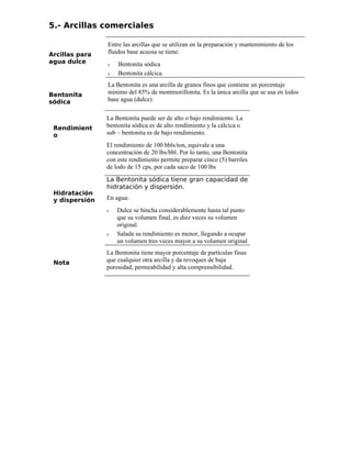 5.- Arcillas comerciales
Arcillas para
agua dulce
Entre las arcillas que se utilizan en la preparación y mantenimiento de los
fluidos base acuosa se tiene:
ν Bentonita sódica
ν Bentonita cálcica.
Bentonita
sódica
La Bentonita es una arcilla de granos finos que contiene un porcentaje
mínimo del 85% de montmorillonita. Es la única arcilla que se usa en lodos
base agua (dulce).
Rendimient
o
La Bentonita puede ser de alto o bajo rendimiento. La
bentonita sódica es de alto rendimiento y la cálcica o
sub – bentonita es de bajo rendimiento.
El rendimiento de 100 bbls/ton, equivale a una
concentración de 20 lbs/bbl. Por lo tanto, una Bentonita
con este rendimiento permite preparar cinco (5) barriles
de lodo de 15 cps, por cada saco de 100 lbs
Hidratación
y dispersión
La Bentonita sódica tiene gran capacidad de
hidratación y dispersión.
En agua:
ν Dulce se hincha considerablemente hasta tal punto
que su volumen final, es diez veces su volumen
original.
ν Salada su rendimiento es menor, llegando a ocupar
un volumen tres veces mayor a su volumen original
Nota
La Bentonita tiene mayor porcentaje de partículas finas
que cualquier otra arcilla y da revoques de baja
porosidad, permeabilidad y alta comprensibilidad.
 