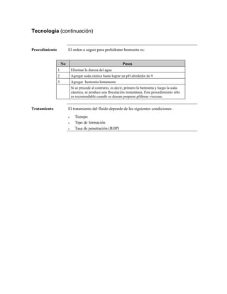 Tecnología (continuación)
Procedimiento El orden a seguir para prehidratar bentonita es:
No Pasos
1 Eliminar la dureza del agua
2 Agregar soda cáutica hasta lograr un pH alrededor de 9
3 Agregar bentonita lentamente
Si se procede al contrario, es decir, primero la bentonita y luego la soda
cáustica, se produce una floculación instantánea. Este procedimiento sólo
es recomendable cuando se desean preparar píldoras viscosas.
Tratamiento El tratamiento del fluido depende de las siguientes condiciones:
ν Tiempo
ν Tipo de formación
ν Tasa de penetración (ROP)
 