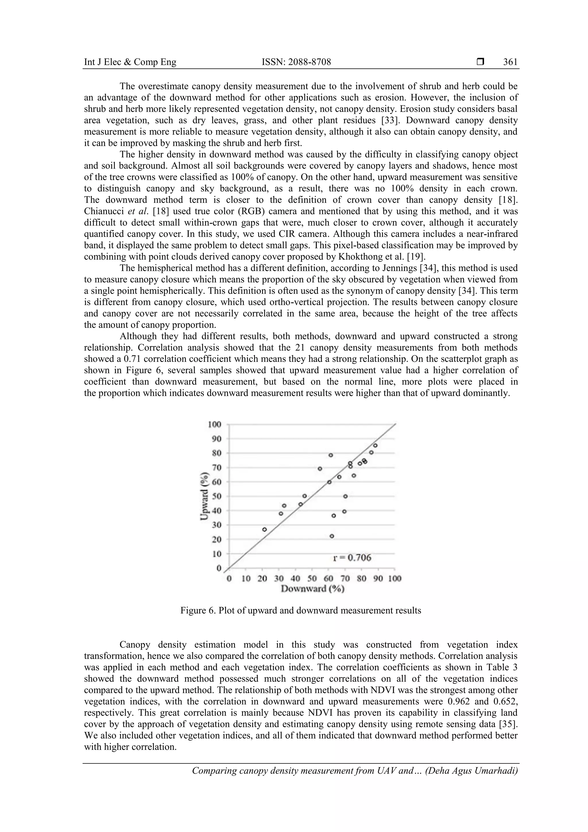 Int J Elec & Comp Eng ISSN: 2088-8708 
Comparing canopy density measurement from UAV and… (Deha Agus Umarhadi)
361
The overestimate canopy density measurement due to the involvement of shrub and herb could be
an advantage of the downward method for other applications such as erosion. However, the inclusion of
shrub and herb more likely represented vegetation density, not canopy density. Erosion study considers basal
area vegetation, such as dry leaves, grass, and other plant residues [33]. Downward canopy density
measurement is more reliable to measure vegetation density, although it also can obtain canopy density, and
it can be improved by masking the shrub and herb first.
The higher density in downward method was caused by the difficulty in classifying canopy object
and soil background. Almost all soil backgrounds were covered by canopy layers and shadows, hence most
of the tree crowns were classified as 100% of canopy. On the other hand, upward measurement was sensitive
to distinguish canopy and sky background, as a result, there was no 100% density in each crown.
The downward method term is closer to the definition of crown cover than canopy density [18].
Chianucci et al. [18] used true color (RGB) camera and mentioned that by using this method, and it was
difficult to detect small within-crown gaps that were, much closer to crown cover, although it accurately
quantified canopy cover. In this study, we used CIR camera. Although this camera includes a near-infrared
band, it displayed the same problem to detect small gaps. This pixel-based classification may be improved by
combining with point clouds derived canopy cover proposed by Khokthong et al. [19].
The hemispherical method has a different definition, according to Jennings [34], this method is used
to measure canopy closure which means the proportion of the sky obscured by vegetation when viewed from
a single point hemispherically. This definition is often used as the synonym of canopy density [34]. This term
is different from canopy closure, which used ortho-vertical projection. The results between canopy closure
and canopy cover are not necessarily correlated in the same area, because the height of the tree affects
the amount of canopy proportion.
Although they had different results, both methods, downward and upward constructed a strong
relationship. Correlation analysis showed that the 21 canopy density measurements from both methods
showed a 0.71 correlation coefficient which means they had a strong relationship. On the scatterplot graph as
shown in Figure 6, several samples showed that upward measurement value had a higher correlation of
coefficient than downward measurement, but based on the normal line, more plots were placed in
the proportion which indicates downward measurement results were higher than that of upward dominantly.
Figure 6. Plot of upward and downward measurement results
Canopy density estimation model in this study was constructed from vegetation index
transformation, hence we also compared the correlation of both canopy density methods. Correlation analysis
was applied in each method and each vegetation index. The correlation coefficients as shown in Table 3
showed the downward method possessed much stronger correlations on all of the vegetation indices
compared to the upward method. The relationship of both methods with NDVI was the strongest among other
vegetation indices, with the correlation in downward and upward measurements were 0.962 and 0.652,
respectively. This great correlation is mainly because NDVI has proven its capability in classifying land
cover by the approach of vegetation density and estimating canopy density using remote sensing data [35].
We also included other vegetation indices, and all of them indicated that downward method performed better
with higher correlation.
 