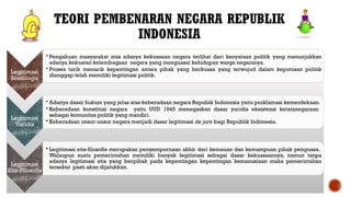 TEORI PEMBENARAN NEGARA REPUBLIK
INDONESIA
Legitimasi
Sosiologis
• Pengakuan masyarakat atas adanya kekuasaan negara terlihat dari kenyataan politik yang menunjukkan
adanya kekuatan kelembagaan negara yang menguasai kehidupan warga negaranya.
• Proses tarik menarik kepentingan antara pihak yang berkuasa yang terwujud dalam keputusan politik
dianggap telah memiliki legitimasi politik.
Legitimasi
Yuridis
• Adanya dasar hukum yang jelas atas keberadaan negara Repubik Indonesia yaitu proklamasi kemerdekaan.
• Keberadaan konstitusi negara yaitu UUD 1945 menegaskan dasar yuridis eksistensi ketatanegaraan
sebagai komunitas politik yang mandiri.
• Keberadaan unsur-unsur negara menjadi dasar legitimasi de jure bagi Republik Indonesia.
Legitimasi
Etis-Filosofis
• Legitimasi etis-filosofis merupakan penyempurnaan akhir dari kemauan dan kemampuan pihak penguasa.
Walaupun suatu pemerintahan memiliki banyak legitimasi sebagai dasar kekuasaannya, namun tanpa
adanya legitimasi etis yang berpihak pada kepentingan kepentingan kemanusiaan maka pemerintahan
tersebut pasti akan dijatuhkan.
 