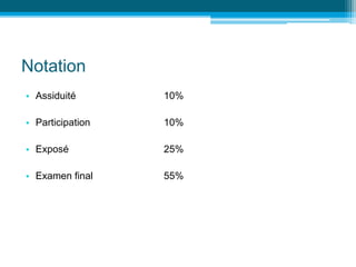 Notation
• Assiduité 10%
• Participation 10%
• Exposé 25%
• Examen final 55%
 
