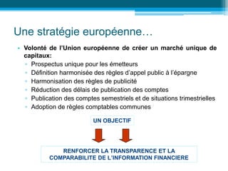Une stratégie européenne…
• Volonté de l’Union européenne de créer un marché unique de
capitaux:
▫ Prospectus unique pour les émetteurs
▫ Définition harmonisée des règles d’appel public à l’épargne
▫ Harmonisation des règles de publicité
▫ Réduction des délais de publication des comptes
▫ Publication des comptes semestriels et de situations trimestrielles
▫ Adoption de règles comptables communes
UN OBJECTIF
RENFORCER LA TRANSPARENCE ET LA
COMPARABILITE DE L’INFORMATION FINANCIERE
 
