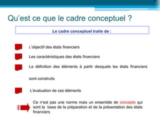 Qu’est ce que le cadre conceptuel ?
Le cadre conceptuel traite de :
L’objectif des états financiers
Les caractéristiques des états financiers
La définition des éléments à partir desquels les états financiers
sont construits
L’évaluation de ces éléments
Ce n’est pas une norme mais un ensemble de concepts qui
sont la base de la préparation et de la présentation des états
financiers
33
 