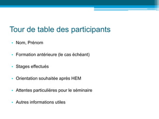 Tour de table des participants
• Nom, Prénom
• Formation antérieure (le cas échéant)
• Stages effectués
• Orientation souhaitée après HEM
• Attentes particulières pour le séminaire
• Autres informations utiles
 