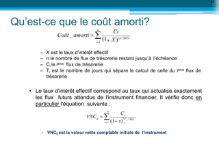 Qu’est-ce que le coût amorti?
– X est le taux d'intérêt effectif
– n le nombre de flux de trésorerie restant jusqu’à l’échéance
– Ci le ième flux de trésorerie
– Ti est le nombre de jours qui sépare le calcul de celle du ième flux de
trésorerie
– VNC0 est la valeur nette comptable initiale de l’instrument

n
Ci
i1 X )(ti/365)
Coût _ amorti  (1
• Le taux d'intérêt effectif correspond au taux qui actualise exactement
les flux futurs attendus de l'instrument financier. Il vérifie donc en
particulier l'équation suivante :
n
42
i
C
VNC   T i / 365
)
0 (
i1 (1 x)
 
