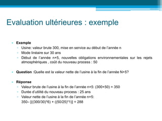 Evaluation ultérieures : exemple
• Exemple
▫ Usine: valeur brute 300, mise en service au début de l’année n
▫ Mode linéaire sur 30 ans
▫ Début de l’année n+5, nouvelles obligations environnementales sur les rejets
atmosphériques , coût du nouveau process : 50
• Question :Quelle est la valeur nette de l’usine à la fin de l’année N+5?
• Réponse
▫ Valeur brute de l’usine à la fin de l’année n+5: (300+50) = 350
▫ Durée d’utilité du nouveau process : 25 ans
▫ Valeur nette de l’usine à la fin de l’année n+5:
350– [((300/30)*6) + ((50/25)*1)] = 288
 