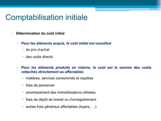 Comptabilisation initiale
• Détermination du coût initial
▫ Pour les éléments acquis, le coût initial est constitué
 du prix d’achat
 des coûts directs
▫ Pour les éléments produits en interne, le coût est la somme des coûts
rattachés directement ou affectables
 matières, services consommés et royalties
 frais de personnel
 amortissement des immobilisations utilisées
 frais de dépôt de brevet ou d’enregistrement
 autres frais généraux affectables (loyers, …)
 