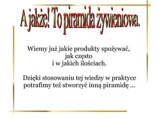 Wiemy już jakie produkty spożywać,
             jak często
        i w jakich ilościach.

Dzięki stosowaniu tej wiedzy w praktyce
potrafimy też stworzyć inną piramidę ...
 