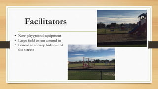 Facilitators
• New playground equipment
• Large field to run around in
• Fenced in to keep kids out of
the streets
 