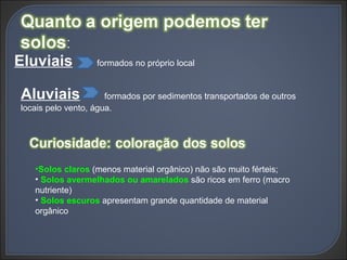 Eluviais   formados no próprio local Aluviais   formados por sedimentos transportados de outros locais pelo vento, água. Solos claros  (menos material orgânico) não são muito férteis; Solos avermelhados ou amarelados  são ricos em ferro (macro nutriente) Solos escuros  apresentam grande quantidade de material orgânico 