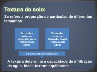Se refere a proporção de partículas de diferentes tamanhos Partículas maiores. Exemplo: areia (retém pouca água) Partículas menores. Exemplo: argila (retém muita água) Silte: tamanho intermediário A textura determina a capacidade de infiltração da água- ideal: textura equilibrada. 