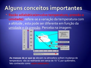 Razão adiabática(envolve temperatura, pressão e umidade):  refere-se a variação da temperatura com a altitude , esta pode ser diferente em função da  umidade e da pressão . Perceba na imagem: As massas de ar que se  elevam na atmosfera sofrem mudança de temperatura: vão se resfriando em cerca de 10 °C por quilômetro, fato conhecido como  razão adiabática  