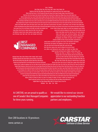 At CARSTAR, we are proud to qualify as
oneofCanada’sBestManagedCompanies
for three years running.
We would like to extend our sincere
appreciationtoouroutstandingfranchise
partners and employees.
Over 200 locations in 10 provinces
www.carstar.ca
 