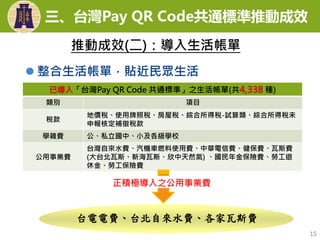 已導入「台灣Pay QR Code 共通標準」之生活帳單(共4,338 種)
類別 項目
稅款
地價稅、使用牌照稅、房屋稅、綜合所得稅-試算類、綜合所得稅未
申報核定補徵稅款
學雜費 公、私立國中、小及各級學校
公用事業費
台灣自來水費、汽機車燃料使用費、中華電信費、健保費、瓦斯費
(大台北瓦斯、新海瓦斯、欣中天然氣) 、國民年金保險費、勞工退
休金、勞工保險費
 整合生活帳單，貼近民眾生活
正積極導入之公用事業費
台電電費、台北自來水費、各家瓦斯費
15
推動成效(二)：導入生活帳單
三、台灣Pay QR Code共通標準推動成效
 