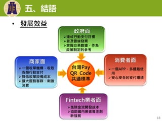 Fintech業者面
政府面
消費者面
台灣Pay
QR Code
共通標準
免除金流開發成本
協助國內業者專注創
新發展
一個APP，多通路使
用
安心安全的支付環境
商家面
一個收單機構，收取
各類行動支付
降低收單設備成本
擴大服務客群、刺激
消費
18
達成行動支付目標
普及雲端發票
掌握交易數據，作為
政策制定的參考
• 發展效益
五、結語
 