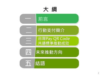 未來推動方向
大 綱
一 前言
二
三
四
行動支付簡介
台灣Pay QR Code
共通標準推動成效
2
五 結語
 