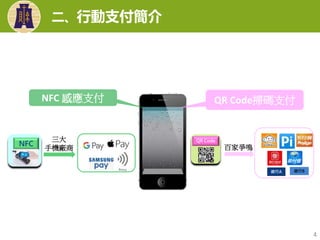 二、行動支付簡介
4
NFC
三大
手機廠商
QR Code
銀行A 銀行B
百家爭鳴
QR Code掃碼支付NFC 感應支付
 