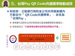 華南銀行105年11月於財政部公股金融業務研討會提出。
財政部成立「公股事業金融科技研發成果整合平臺」。
執
行
秘
書
單
位
財金公司
(標準制定
共同推展)
8
 財政部、公股銀行與財金公司共同推動國內
行動支付「 QR Code共通標準」， 命名為
「台灣Pay 」
三、台灣Pay QR Code共通標準推動成效
 