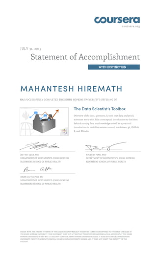 coursera.org
Statement of Accomplishment
WITH DISTINCTION
JULY 31, 2015
MAHANTESH HIREMATH
HAS SUCCESSFULLY COMPLETED THE JOHNS HOPKINS UNIVERSITY'S OFFERING OF
The Data Scientist’s Toolbox
Overview of the data, questions, & tools that data analysts &
scientists work with. It is a conceptual introduction to the ideas
behind turning data into knowledge as well as a practical
introduction to tools like version control, markdown, git, GitHub,
R, and RStudio.
JEFFREY LEEK, PHD
DEPARTMENT OF BIOSTATISTICS, JOHNS HOPKINS
BLOOMBERG SCHOOL OF PUBLIC HEALTH
ROGER D. PENG, PHD
DEPARTMENT OF BIOSTATISTICS, JOHNS HOPKINS
BLOOMBERG SCHOOL OF PUBLIC HEALTH
BRIAN CAFFO, PHD, MS
DEPARTMENT OF BIOSTATISTICS, JOHNS HOPKINS
BLOOMBERG SCHOOL OF PUBLIC HEALTH
PLEASE NOTE: THE ONLINE OFFERING OF THIS CLASS DOES NOT REFLECT THE ENTIRE CURRICULUM OFFERED TO STUDENTS ENROLLED AT
THE JOHNS HOPKINS UNIVERSITY. THIS STATEMENT DOES NOT AFFIRM THAT THIS STUDENT WAS ENROLLED AS A STUDENT AT THE JOHNS
HOPKINS UNIVERSITY IN ANY WAY. IT DOES NOT CONFER A JOHNS HOPKINS UNIVERSITY GRADE; IT DOES NOT CONFER JOHNS HOPKINS
UNIVERSITY CREDIT; IT DOES NOT CONFER A JOHNS HOPKINS UNIVERSITY DEGREE; AND IT DOES NOT VERIFY THE IDENTITY OF THE
STUDENT.
 