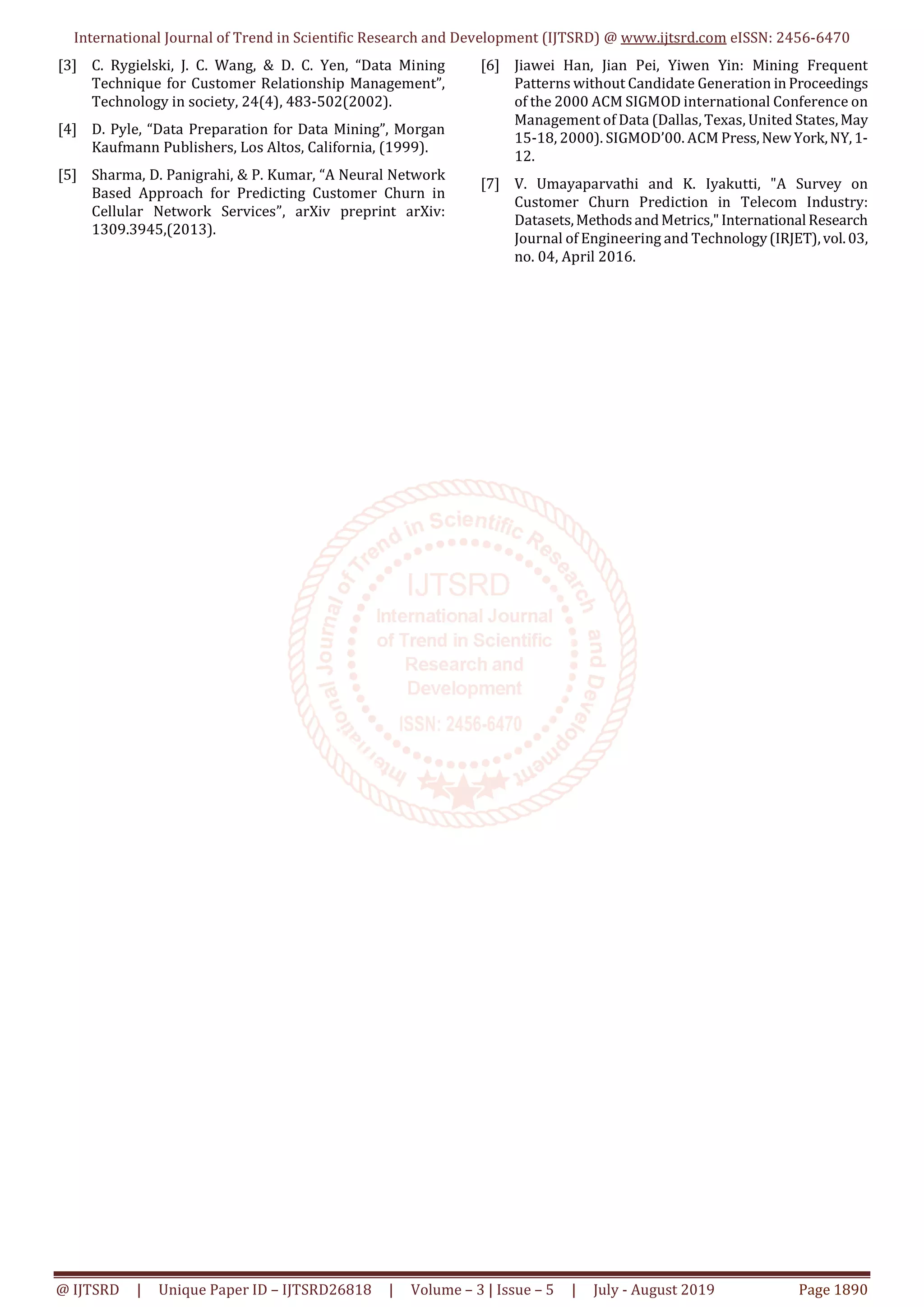 International Journal of Trend in Scientific Research and Development (IJTSRD) @ www.ijtsrd.com eISSN: 2456-6470
@ IJTSRD | Unique Paper ID – IJTSRD26818 | Volume – 3 | Issue – 5 | July - August 2019 Page 1890
[3] C. Rygielski, J. C. Wang, & D. C. Yen, “Data Mining
Technique for Customer Relationship Management”,
Technology in society, 24(4), 483-502(2002).
[4] D. Pyle, “Data Preparation for Data Mining”, Morgan
Kaufmann Publishers, Los Altos, California, (1999).
[5] Sharma, D. Panigrahi, & P. Kumar, “A Neural Network
Based Approach for Predicting Customer Churn in
Cellular Network Services”, arXiv preprint arXiv:
1309.3945,(2013).
[6] Jiawei Han, Jian Pei, Yiwen Yin: Mining Frequent
Patterns without Candidate Generation in Proceedings
of the 2000 ACM SIGMOD international Conference on
Management of Data (Dallas, Texas, United States,May
15-18, 2000). SIGMOD’00. ACM Press,New York,NY,1-
12.
[7] V. Umayaparvathi and K. Iyakutti, "A Survey on
Customer Churn Prediction in Telecom Industry:
Datasets,Methods andMetrics,"International Research
Journal of Engineering and Technology(IRJET),vol.03,
no. 04, April 2016.
 
