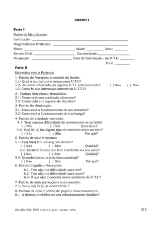ANEXO I

Parte I
Dados de Identificação:
Instituição: ____________________________________________________________
Diagnóstico(s) Médico(s): _______________________________________________
Nome: ________________________________ Idade: ___________ Sexo: ________
Estado Civil: __________________________ Escolaridade:____________________
Ocupação: _________________________ Dias de Internação - na U.T.I.: _________
                                                                 Total: _________
 Parte II
 Entrevista com o Paciente:
 1- Padrão de Percepção e controle da Saúde:
 1.1- Qual o motivo que o trouxe para U.T.I.?
 1.2- Já esteve internado em alguma U.T.I. anteriormente?           ( ) Sim    ( ) Não
 1.3- Como foi sua internação anterior na U.T.T.I.?
 2 - Padrão Nutricional Metabólico:
 2.1- Como está sua aceitação alimentar?
 2.2- Como está sua ingestão de líquidos?
 3- Padrão de eliminação:
 3.1- Como está o funcionamento de seu intestino?
 3.2- Como está o funcionamento de sua bexiga?
 4- Padrão de atividade-exercício:
  4.1- Tem alguma dificuldade de movimentar-se no leito?
      ( ) Não              ( ) Sim            Qu a l( is )?
  4.2- O(a) Sr.(a) faz algum tipo de exercício ativo no leito?
      ( ) Não              ( ) Sim                Por quê?
 5- Padrão de sono e repouso:
 5.1- O(a) Sr(a) tem conseguido dormir?
     ( ) Não              ( ) Sim                 Qual(is)?
    5.2- Existem fatores que tem interferido no seu sono?
     ( ) Não              ( ) Sim                 Qual(is)?
 5.3- Quando dorme, acorda descansado(a)?
     ( ) Não              ( ) Sim                 Por quê?
 6- Padrão Cognitivo-Perceptivo:
        6.1- Tem alguma dificuldade para ver?
        6.2- Tem alguma dificuldade para ouvir?
        6.3- 0 que o(a) incomoda neste ambiente de U.T.I.?
 7- Padrão de auto percepção e auto-conceito:
 7.1- Como o(a) Sr(a) se descreveria ?
 8- Padrão de desempenho de papel e relacionamento:
 8.1- A doença interferiu no seu relacionamento familiar?



 Rev.Esc.Enf. USP, v.30, n.3, p.501-18,dez. 1996.                                        515
 