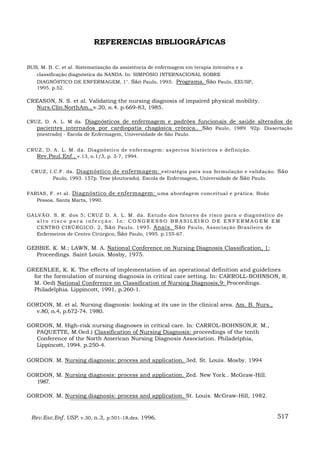 REFERENCIAS BIBLIOGRÁFICAS


BUB, M. B. C. et al. Sistematização da assistência de enfermagem em terapia intensiva e a
   classificação diagnóstica da NANDA. In: SIMPÓSIO INTERNACIONAL SOBRE
    DIAGNÓSTICO DE ENFERMAGEM, 1". São Paulo, 1995. Programa. São Paulo, EEUSP,
    1995. p.52.

CREASON, N. S. et al. Validating the nursing diagnosis of impaired physical mobility.
  Nurs.Clin.NorthAm., v.20, n.4. p.669-83, 1985.

CRUZ, D. A. L. M da. Diagnósticos de enfermagem e padrões funcionais de saúde alterados de
   pacientes internados por cardiopatia chagásica crônica.. São Paulo, 1989. 92p. Dissertação
   (mestrado) - Escola de Enfermagem, Universidade de São Paulo.


CRUZ, D. A . L. M. da . Diagnósti co de e nfer magem: as pect os hi stóricos e defi nição.
   Rev.Paul.Enf., v.13, n.1/3, p. 3-7, 1994.

 CRUZ, I.C.F. da. Diagnóstico de enfermagem: estratégia para sua formulação e validação. São
         Paulo, 1993. 157p. Tese (doutorado). Escola de Enfermagem, Universidade de São Paulo.


FARIAS, F. et al. Diagnóstico de enfermagem: uma abordagem conceitual e prática. Boão
   Pessoa. Santa Marta, 1990.


GA LVÃ O. S. R . d os 5 ; CRUZ D. A . L. M . da . Es tud o dos fa tor e s d e ris co pa ra o diag nósti co d e
    alto risco para infe cção. In: CO NGR ESSO BRASI L EIRO D E ENF ERMAG EM EM
    CENTRO CIRÚRGICO. 2, São Paulo. 1995. Anais. São Paulo, Associação Brasileira de
    Enfermeiros de Centro Cirúrgico, São Paulo, 1995. p.155-67.

GEBBIE. K. M.; LAWN, M. A. National Conference on Nursing Diagnosis Classification, 1:
  Proceedings. Saint Louis. Mosby, 1975.

GREENLEE, K. K. The effects of implementation of an operational definition and guidelines
  for the formulation of nursing diagnosis in critical care setting. In: CARROLL-BOHNSON, R.
  M. Oed) National Conference on Classification of Nursing Diagnosis,9: Proceedings.
  Philadelphia. Lippincott, 1991, p.260-1.

GORDON, M. et al. Nursing diagnosis: looking at its use in the clinical area. Am. B. Nurs.,
  v.80, n.4, p.672-74. 1980.

GORDON, M. High-risk nursing diagnoses in critical care. In: CARROL-BOHNSON,R. M.,
  PAQUETTE, M.Oed.) Classification of Nursing Diagnosis: proceedings of the tenth
  Conference of the North American Nursing Diagnosis Association. Philadelphia,
  Lippincott, 1994. p.250-4.

GORDON. M. Nursing diagnosis: process and application. 3ed. St. Louis. Mosby. 1994

GORDON, M. Nursing diagnosis: process and application. Zed. New York.. McGraw-Hill.
  1987.

GORDON. M. Nursing diagnosis: process and application. St. Louis. McGraw-Hill, 1982.


 Rev.Esc.Enf. USP. v.30, n.3, p.501-18,dez. 1996.                                                          517
 