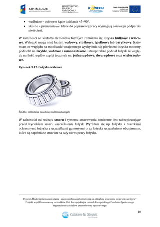 Projekt „Model systemu wdrażania i upowszechniania kształcenia na odległość w uczeniu się przez całe życie”
Projekt współfinansowany ze środków Unii Europejskiej w ramach Europejskiego Funduszu Społecznego
Wyposażenie zakładów przetwórstwa spożywczego
10
 wzdłużne – osiowe o kącie działania 45–90°,
 skośne – promieniowe, które do poprawnej pracy wymagają osiowego podparcia
pierścieni.
W zależności od kształtu elementów tocznych rozróżnia się łożyska kulkowe i walco-
we. Wałeczki mogą mieć kształt walcowy, stożkowy, igiełkowy lub baryłkowy. Nato-
miast ze względu na możliwość wzajemnego wychylenia się pierścieni łożyska możemy
podzielić na zwykłe, wahliwe i samonastawne. Istnieje także podział łożysk ze wzglę-
du na ilość rzędów części tocznych na: jednorzędowe, dwurzędowe oraz wielorzędo-
we.
Rysunek 3.12. Łożysko walcowe
W zależności od rodzaju smaru i systemu smarowania konieczne jest zabezpieczające
przed wyciekiem smaru uszczelnienie łożysk. Wyróżnia się np. łożyska z blaszkami
ochronnymi, łożyska z uszczelkami gumowymi oraz łożyska uszczelnione obustronnie,
które są napełniane smarem na cały okres pracy łożyska.
 