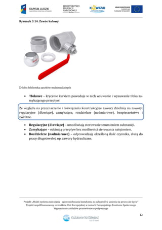 Projekt „Model systemu wdrażania i upowszechniania kształcenia na odległość w uczeniu się przez całe życie”
Projekt współfinansowany ze środków Unii Europejskiej w ramach Europejskiego Funduszu Społecznego
Wyposażenie zakładów przetwórstwa spożywczego
12
Rysunek 3.14. Zawór kulowy
 Tłokowe – kręcenie kurkiem powoduje w nich wsuwanie i wysuwanie tłoka za-
mykającego przepływ.
Ze względu na przeznaczenie i rozwiązania konstrukcyjne zawory dzielimy na zawory:
regulacyjne (dławiące), zamykające, rozdzielcze (nadmiarowe), bezpieczeństwa i
zwrotne.
 Regulacyjne (dławiące) – umożliwiają sterowanie strumieniem substancji.
 Zamykające – odcinają przepływ bez możliwości sterowania natężeniem.
 Rozdzielcze (nadmiarowe) – odprowadzają określoną ilość czynnika, służą do
pracy długotrwałej, np. zawory hydrauliczne.
 
