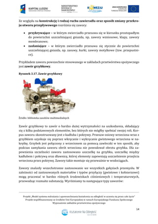 Projekt „Model systemu wdrażania i upowszechniania kształcenia na odległość w uczeniu się przez całe życie”
Projekt współfinansowany ze środków Unii Europejskiej w ramach Europejskiego Funduszu Społecznego
Wyposażenie zakładów przetwórstwa spożywczego
14
Ze względu na konstrukcję i rodzaj ruchu zawieradła oraz sposób zmiany przekro-
ju otworu przepływowego rozróżnia się zawory:
 przykrywające – w którym zwierciadło przesuwa się w kierunku prostopadłym
do powierzchni uszczelniającej gniazda, np. zawory wzniosowe, klapy, zawory
membranowe;
 zasłaniające – w którym zwierciadło przesuwa się stycznie do powierzchni
uszczelniającej gniazda, np. zasuwy, kurki, zawory motylkowe (tzw. przepustni-
ce).
Przykładem zaworu powszechnie stosowanego w zakładach przetwórstwa spożywczego
jest zawór grzybkowy.
Rysunek 3.17. Zawór grzybkowy
Zawór grzybkowy to zawór o bardzo dużej wytrzymałości na uszkodzenia, składający
się z kilku podstawowych elementów, bez których nie mógłby spełniać swojej roli. Kor-
pus zaworu skonstruowany jest z kadłuba i pokrywy. Przesuw osiowy wrzeciona wraz z
grzybkiem uzyskuje się poprzez wkręcanie i wykręcanie gwintowego wrzeciona w na-
krętkę. Grzybek jest połączony z wrzecionem za pomocą zawleczki w ten sposób, aby
podczas zamykania zaworu obrót wrzeciona nie powodował obrotu grzybka. Dla za-
pewnienia szczelności zaworu zastosowano uszczelkę na grzybku, uszczelkę między
kadłubem i pokrywą oraz dławnicę, której elementy zapewniają uszczelnienie przejścia
wrzeciona przez pokrywę. Zawory takie montuje się przeważnie w wodociągach.
Zawory znalazły wszechstronne zastosowanie we wszystkich gałęziach przemysłu. W
zależności od zastosowanych materiałów i typów przyłączy (gwintowe i kołnierzowe)
mogą pracować w bardzo różnych środowiskach ciśnieniowych i temperaturowych,
przewodząc rozmaite substancję. Wyróżniamy tu następujące typy zaworów:
 