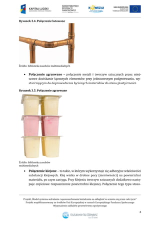 Projekt „Model systemu wdrażania i upowszechniania kształcenia na odległość w uczeniu się przez całe życie”
Projekt współfinansowany ze środków Unii Europejskiej w ramach Europejskiego Funduszu Społecznego
Wyposażenie zakładów przetwórstwa spożywczego
4
Rysunek 3.4. Połączenie lutowane
 Połączenie zgrzewane – połączenie metali i tworzyw sztucznych przez miej-
scowe dociskanie łączonych elementów przy jednoczesnym podgrzewaniu, wy-
starczającym do doprowadzenia łączonych materiałów do stanu plastyczności.
Rysunek 3.5. Połączenie zgrzewane
 Połączenie klejone – to takie, w którym wykorzystuje się adhezyjne właściwości
substancji klejowych. Klej wnika w drobne pory (nierówności) na powierzchni
materiału, po czym zastyga. Przy klejeniu tworzyw sztucznych dodatkowo nastę-
puje częściowe rozpuszczenie powierzchni klejonej. Połączenie tego typu stoso-
 