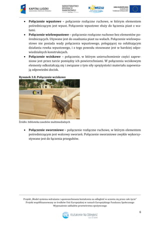 Projekt „Model systemu wdrażania i upowszechniania kształcenia na odległość w uczeniu się przez całe życie”
Projekt współfinansowany ze środków Unii Europejskiej w ramach Europejskiego Funduszu Społecznego
Wyposażenie zakładów przetwórstwa spożywczego
6
 Połączenie wpustowe – połączenie rozłączne ruchowe, w którym elementem
pośredniczącym jest wpust. Połączenie wpustowe służy do łączenia piast z wa-
łami.
 Połączenie wielowpustowe – połączenie rozłączne ruchowe bez elementów po-
średniczących. Używane jest do osadzania piast na wałach. Połączenie wielowpu-
stowe nie posiada wady połączenia wpustowego, polegającej na osłabiającym
działaniu rowka wpustowego, i z tego powodu stosowane jest w bardziej odpo-
wiedzialnych konstrukcjach.
 Połączenie wciskowe – połączenie, w którym unieruchomienie części zapew-
nione jest przez tarcie pomiędzy ich powierzchniami. W połączeniu wciskowym
elementy odkształcają się i związane z tym siły sprężystości materiału zapewnia-
ją odpowiedni docisk.
Rysunek 3.8. Połączenie wciskowe
 Połączenie sworzniowe – połączenie rozłączne ruchowe, w którym elementem
pośredniczącym jest walcowy sworzeń. Połączenie sworzniowe zwykle wykorzy-
stywane jest do łączenia przegubów.
 