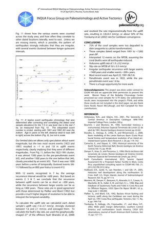 6th
International INQUA Meeting on Paleoseismology, Active Tectonics and Archaeoseismology,
19-24 April 2015, Pescina, Fucino Basin, Italy
INQUA Focus Group on Paleoseismology and Active Tectonics
Fig. 11 shows how the various events were counted
across the study area, and how often they correlate to
other dated locations laterally, west to east. Unless we
are missing events, which is possible, the pattern of
earthquakes strongly indicates that they are irregular,
with several events clustered between longer quiescent
intervals.
Fig. 11: A twelve event earthquake chronology that was
determined after correcting and correlating the dated coral
sample elevations for the 7.5 m sea level rise in the last 7
ka, as measured from Fig. 10. The interpreted event
number is circled, starting with 1991 and 1882 AD near the
bottom. Age in years on the left, distance west to east (left
to right) across the bottom (Fig. 9), but not to scale.
Our limited data set allows only speculation about event
magnitude, but the two most recent events (1822 and
1991) resulted in ~1 m and 1.8 m uplift events
respectively, clearly implying that they were of different
magnitudes. From Fig. 11, before the 1822-1991 cluster,
it was almost 1500 years to the pre-penultimate event
(#3), and another 1500 years to the one before that (#4),
closely preceded by an event (#5). Then it was over 1000
years before a series of temporally clustered events (#6-
11) followed by an 800 year hiatus to event #12.
With 12 events recognized in 7 ka, the average
recurrence interval would be ~600 years. But based on
events 2, 5 & 7, we conclude that the recurrence
between uplift events can be as short as ~200 years,
while the recurrence between larger events can be as
long as 1400 years. These rates are in good agreement
with those determined by Plafker and Ward (1992) but
provide a much higher degree of resolution to be able to
interpret the temporal variability.
To calculate the uplift rate we calculated each dated
sample’s uplift rate (1.6–2.7 mm/yr, strongly clustered
between 1.6 and 2.1 mm/yr, and averaged them. To
calculate the fault’s slip rate, we used the geophysically-
imaged 27° of the offshore fault (Brandes et al., 2008)
and resolved the rate trigonometrically from the uplift
rate, resulting in 3.8±0.3 mm/yr, or about 50% of the
Trenkamp et al. (2002) rate for Caribbean convergence.
CONCLUSIONS
• 75% of the coral samples were too degraded to
date (aragonite to calcite transformation).
• Those samples dated ranged from 1991 to ~7,000
years BP.
• Interpreted 12 events on the NPDB, assuming the
coral deaths were all earthquake-induced.
• Holocene uplift rate of 1.9 ± 0.2 mm/yr.
• Slip rate on NPDB of 3.8 ± 0.3 mm/yr.
• Irregular earthquake recurrence with larger events
~1400 years and smaller events ~200+ years.
• Most recent event was April 22, 1991 (Ms7.6).
• Penultimate event was in 1822, while the pre-
penultimate event was 1.6 ka.
• There is a huge opportunity for more work.
Acknowledgements: This project was done under contract to
CH2M Hill and we appreciate their permission to present this
work. Warren Sharp of the Berkeley Chronology Center
processed our coral samples for U-Th dates. Our paleoseismic
results were incorporated into the project’s PSHA, and while
those results are not included in this short paper, we also thank
Dario Rosidi, Nason McCullough, and Ken Campbell for their
contributions.
REFERENCES
Ambraseys, N.N., and Adams, R.D., 2001, The Seismicity of
Central America: A Descriptive Catalogue 1898-1995:
Imperial College Press, London, 309 p.
Boschini, I. and Montero, W., 1994, Sismicidad histórica e
instrumental, Volumen Especial Terremoto de Limón 22 de
abril de 1991; Revista Geológica América Central, pp. 65-82.
Brandes, C., Astorga, A., Littke, R., and Winsermann, J., 2008,
Basin modelling of the Limón Back-arc Basin (Costa Rica):
burial history and temperature evolution of an island arc-
related basin-system; Basin Research, v. 20, pp. 119–142.
Camacho, E., and Víquez, V., 1993, Historical seismicity of the
North Panama Deformed Belt; Revista Geológica de América
Central, Vol. 15, pp. 49-64.
Denyer, P., Arias, O., and Personius, S., 1994, Efecto tectónico del
terremoto de Limón; Revista Geológica de América Central,
Volumen Especial del Terremoto de Limón, pp. 39-52.
Earth Consultants International, 2012, Seismic Hazard
Assessment for a Proposed Harbor Facility in Moín, Costa
Rica; unpublished consulting report to CH2M Hill, Feb. 21,
2012, ECI PN 3312, 68 p.
Hubbard, D.K., Zankl, H., van Heerden, I. and Gill, I.P., 2005,
Holocene reef development along the northeastern St.
Croix shelf, U.S. Virgin Islands; Journal of Sedimentological
Research, Vol. 75, pp. 97-113.
Montero, W., Denyer, P., Barquero, R., Alvarado, G. E., Cowan, H.,
Machette, M. N., Haller, K. M. and Dart, R. L., 1998, Map and
Database of Quaternary Faults and Folds in Costa Rica and
its Offshore Regions, USGS Open-File Report 98-481, 63 p.,
map scale 1: 500,000.
Plafker, G., and Ward, S.N., 1992, Backarc thrust faulting and
tectonic uplift along the Caribbean sea coast during the
April 22, 1991 Costa Rica earthquake; Tectonics, Vol. 11, No.
4, pp. 709-718.
Trenkamp, R., Kellogg, J.N., Freymueller, J.T., and Mora, H.P.,
2002, Wide plate margin deformation, southern Central
America and northwestern South America, CASA GPS
observations; Journal of South American Earth Sciences, Vol.
15, pp. 157-171.
 