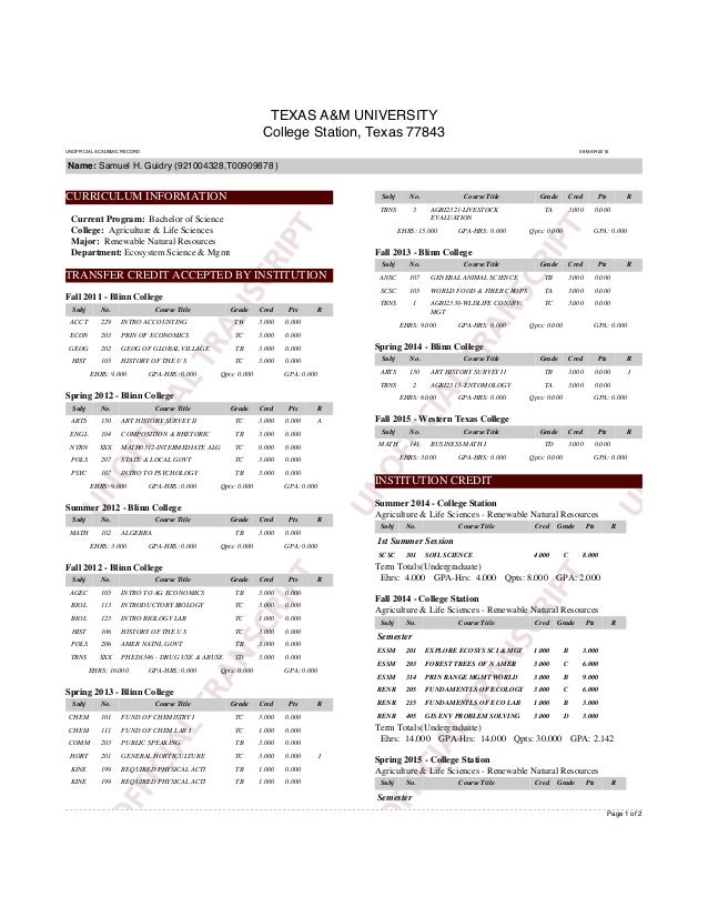 TEXAS A&M TRANSCRIPT