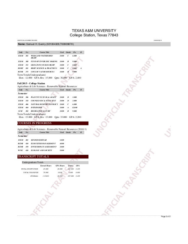 TEXAS A&M TRANSCRIPT