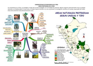 CONSERVACION DE ECOSISTEMAS EN EL PERU
AREAS PROTEGIDAS EN EL PERU
Los ecosistemas en el Perú, se protegen a través de las áreas protegidas con la finalidad de preservar algunos espacios particularmente ricos en paisajes
naturales y en biodiversidad. En estas áreas, el Estado impone controles a su uso y promueve la investigación científica y el manejo responsable del medio.
Estas áreas presentan varias denominaciones como:
I.- PARQUES NACIONALES.
 