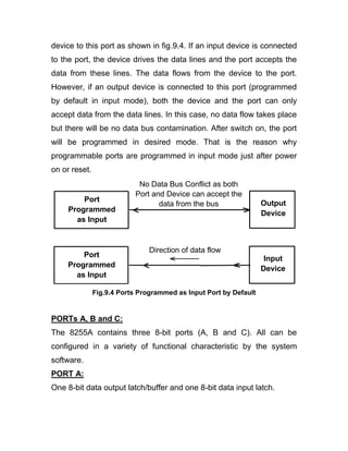 device to this port as shown in fig.9.4. If an input device is connected
to the port, the device drives the data lines and the port accepts the
data from these lines. The data flows from the device to the port.
However, if an output device is connected to this port (programmed
by default in input mode), both the device and the port can only
accept data from the data lines. In this case, no data flow takes place
but there will be no data bus contamination. After switch on, the port
will be programmed in desired mode. That is the reason why
programmable ports are programmed in input mode just after power
on or reset.
Fig.9.4 Ports Programmed as Input Port by Default
PORTs A, B and C:
The 8255A contains three 8-bit ports (A, B and C). All can be
configured in a variety of functional characteristic by the system
software.
PORT A:
One 8-bit data output latch/buffer and one 8-bit data input latch.
Port
Programmed
as Input
Output
Device
Direction of data flow
Port
Programmed
as Input
Input
Device
No Data Bus Conflict as both
Port and Device can accept the
data from the bus
 