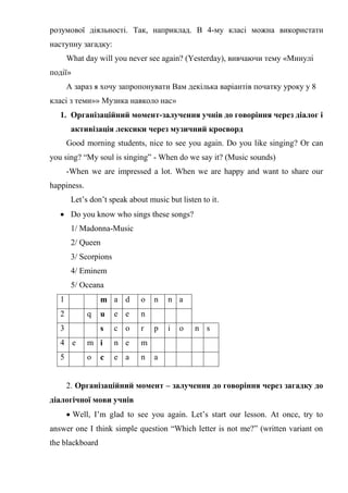 розумової діяльності. Так, наприклад. В 4-му класі можна використати
наступну загадку:
What day will you never see again? (Yesterday), вивчаючи тему «Минулі
події»
А зараз я хочу запропонувати Вам декілька варіантів початку уроку у 8
класі з теми»» Музика навколо нас»
1. Організаційний момент-залучення учнів до говоріння через діалог і
активізація лексики через музичний кросворд
Good morning students, nice to see you again. Do you like singing? Or can
you sing? “My soul is singing” - When do we say it? (Music sounds)
-When we are impressed a lot. When we are happy and want to share our
happiness.
Let’s don’t speak about music but listen to it.
 Do you know who sings these songs?
1/ Madonna-Music
2/ Queen
3/ Scorpions
4/ Eminem
5/ Oceana
1 m a d o n n a
2 q u e e n
3 s c o r p i o n s
4 e m i n e m
5 o c e a n a
2. Організаційний момент – залучення до говоріння через загадку до
діалогічної мови учнів
 Well, I’m glad to see you again. Let’s start our lesson. At once, try to
answer one I think simple question “Which letter is not me?” (written variant on
the blackboard
 