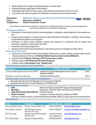  Reconciliation of sub ledger and general ledger on regular basis.
 Preparing Monthly Aging Report North Region.
 Calculating depreciation of fixed assets, conducting periodic physical inventory counts.
 Co-ordinate with external auditors for finalization of annual audit and half-earl review.
Organization: RSM Avais Hyder Liaquat Nauman, Chartered Accountants
Tenure: May 2013 to April2014
Designations: Audit an Assurance Trainee
(Avais Hyder Liaquat Nauman (AHLN) is a member firm of RSM International 7th largest network of independent
accounting, auditing and consulting firms worldwide.)
Key Responsibilities:
 Participating in audit planning (Client profile preparation, materiality, sample selection & risk assessment
etc.)
 Preparing audit programs / checklist based on ISAs (International Standard on Auditing), best practices
& organizational policies and procedures.
 Verification of clients’ assets, liabilities, revenue and expenses in accordance with its policies and
procedures, regulatory requirements and IFRS
 Undertook stock taking assignments.
 Prepared draft audited financial statements, draft audit reports and management letters (MLs).
Assignments Performed:
 Worked as a Consultant for Bank Reconciliation Statements on yearly monthly and daily basis and for
Treasury Assurance Services to Pakistan Mobile Communication Limited (Mobilink).
 Internal Audit of Pakistan Television (PTV) Corporation Limited.
 Statutory Audit of NTP (National TB Control Program).
 Statutory Audit of Nai Zindagi Trust – Global Fund.
PROFESSIONAL QUALIFICATION/ ACADEMIC:
Particulars Institute / University Year
Cost and Management Accountant (CMA) Institute of Cost and Management Accountant of
Pakistan (ICMAP)
2013
Bachelor in Commerce (B.Com) Punjab University Lahore 2010
PROFESSIONAL AFFILIATION/ SOCIAL MEMBERSHIP:
 Associate Member of Cost & Management Accountant of Pakistan.
 Advance level training on conflict Resolution at SPADO-NGO
CERTIFICATION/ IT SKILLS:
 ERP Worked on Oracle based ERP design by Mustang Eyes
 MS Office All versions, MS Word, MS Power Point and MS Excel
 Sage 50 (Peachtree)/QuickBooks Professional user
 Oracle Financial Training on Oracle Financial GL Module at ICMAP.
(Worked on different clients customized softwares like BRS (PMCL) & Sidat hyder accounting software)
REFERENCES:
Name Designation Contact Number E-mail ID
Mr.Jamal Abdul Nasir Partner Jamal A.Nasir CA’s +92321-5285870 janasirfca@gmail.com
Mr. Zeeshan Nazami SM Mustang Security
Services (Pvt) Ltd.
+92301-8202477 zeeshan.nizami@mustang365.com
Mr.Tahir Iqbal Director Audit RSM-Pakistan
(AHLN CA’s)
+92300-9739320
+971-555593314
tiqbal1975@yahoo.com
Mr. Wasim Nasir Deputy Treasurer MAJU +923009104445 wasim@cust.edu.pk
 