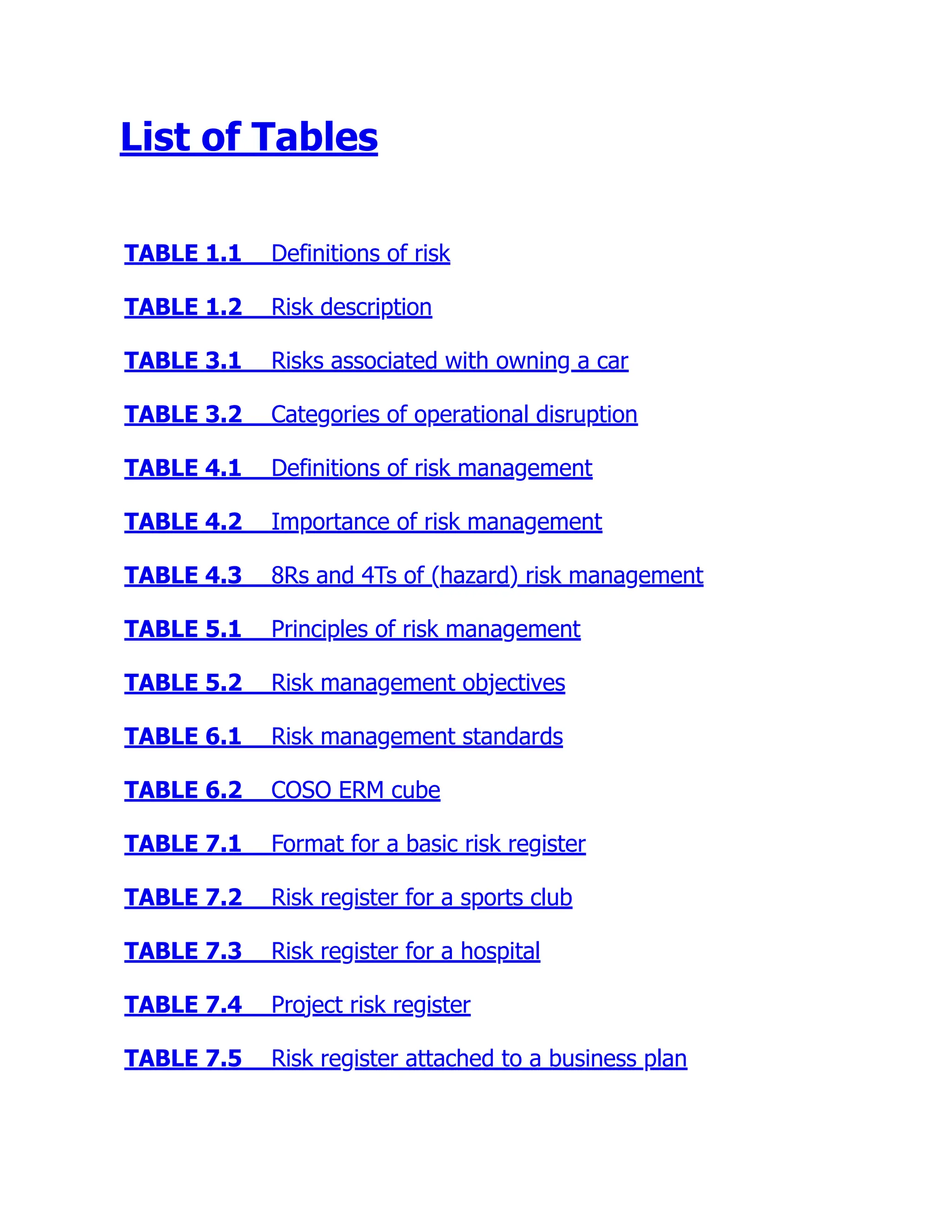 List of Tables
TABLE 1.1 Definitions of risk
TABLE 1.2 Risk description
TABLE 3.1 Risks associated with owning a car
TABLE 3.2 Categories of operational disruption
TABLE 4.1 Definitions of risk management
TABLE 4.2 Importance of risk management
TABLE 4.3 8Rs and 4Ts of (hazard) risk management
TABLE 5.1 Principles of risk management
TABLE 5.2 Risk management objectives
TABLE 6.1 Risk management standards
TABLE 6.2 COSO ERM cube
TABLE 7.1 Format for a basic risk register
TABLE 7.2 Risk register for a sports club
TABLE 7.3 Risk register for a hospital
TABLE 7.4 Project risk register
TABLE 7.5 Risk register attached to a business plan
 