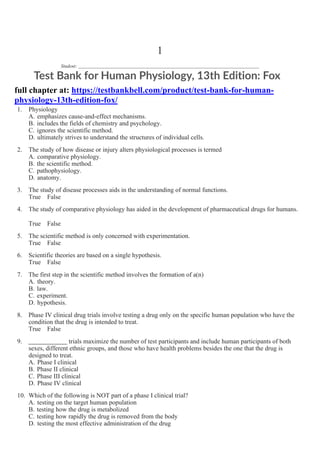Test Bank for Human Physiology, 13th Edition: Fox | PDF
