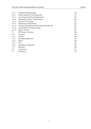 CAD-CAM & Rapid Prototyping Application Evaluation
7
Contents
5.4.7 Multijet Modelling (Mjm) 154
5.4.8 Paper Lamination Technology (Plt) 157
5.4.9 Laser Engineered Net Shaping (Lens) 159
5.4.10 Photopolymer Phase Change Inkjets 160
5.4.11 Electroset Technology 161
5.4.12 Photochemical Machining 161
5.4.13 Design-Controlled Automated Fabrication (Descaf) 163
5.4.14 Liquid Metal Jet Printing (Lmjp) 163
5.4.15 Sparx- Hot Plot 163
5.5 RP Process Evaluation 164
5.5.1 Accuracy 164
5.5.2 Finishes 164
5.5.3 Secondary Operations 165
5.5.4 Speed 166
5.5.5 Cost 167
5.5.6 Strengths & Limitations 168
5.5.7 Materials 169
5.6 Conclusions 171
5.7 References 173
 