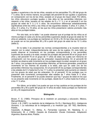 iguales o superiores a los de las niñas, excepto en los percentiles 75 y 90 del grupo de
7 ½ años. De la misma manera, los puntajes del percentil 50 son iguales o superiores
en comparación con los de las niñas, excepto en el grupo de mayor edad. Por último,
los niños obtuvieron puntajes iguales o más altos en los percentiles inferiores con
respecto a las niñas, excepto en las edades de 8 y 11 ½ y en el percentil 5 en los
grupos de edad de 5 ½ y 6 ½ años. Se encontraron diferencias estadísticamente
significativas entre los niños y las niñas en las siguientes edades: 5 años, 6 ½ años, 7
años, 8 ½ años, 9 y 10 años, en las que los niños presentaron valores promedio más
altos en los puntajes totales.
Por otro lado, en la tabla 1 se puede observar que el puntaje de los niños es el
mismo puntaje en cada uno de los percentiles superiores desde el grupo de edad de 10
años en adelante. Los puntajes se mantienen en 33.34 y 35. En las niñas esta situación
se puede ver en los percentiles 90 y 95 a partir del grupo de edad de los 10 ½ años
(tabla 2).
En la tabla 3 se presentan las normas correspondientes a la muestra total en
relación con la edad, independientemente del sexo de los sujetos. En esta tabla se
puede observar el incremento en los puntajes correspondiente a los percentiles
superiores de acuerdo a la edad, excepto los puntajes del percentil 95 en el grupo de 8
años y del percentil 75 en el grupo de 11 años de edad, los cuales son menores en
comparación con los grupos que les anteceden respectivamente. En el percentil 50
también se observa este incremento en los puntajes según la edad, excepto en el grupo
de 7 años. Los puntajes de los percentiles inferiores, en términos generales, presenta el
incremento en los mismos de acuerdo a la edad, solo que en cada uno de los
percentiles inferiores hay excepciones. En el percentil 25 los puntajes correspondientes
a las edades de 6 ½ hasta los 8 y los 11 ½ años no presentan este aumento en relación
con los grupos de edad que les anteceden. En el percentil 10 los puntajes que no
presentan este incremento corresponden alas edades de 7 años hasta 8 ½ años.
Finalmente, en el percentil 5 se puede observar que hay 7 grupos de edad en los que
no se presento este incremento en los puntajes, desde los 6 ½ años hasta los 9 años y
a los 11 ½ años.
Por último, en la tabla 3 se puede ver que no hay cambios en los puntajes de los
percentiles 90 y 95 a partir del grupo de 10 años de edad. Estos puntajes se mantienen
en 34 y 35 respectivamente.
Bibliografía
Brown, F. G. (1980): Principios de la medición en psicología y educación, México,
Manual Moderno.
Carrol, J. B. (1987): La medición de la inteligencia. En R.J. Sternberg (Ed.), Inteligencia
Humana, I. La naturaleza de la inteligencia y su medición (pp. 55- 182), Barcelona,
Paidós.
Cayssials, A.;Albajari, V.; Aldrey, A.; Fernandez Liporace, M.; Naisberg, C. y
Scheinsohn, M. J. (1993): Carpeta de Evaluación. Escala Coloreada. Adaptación
Argentina, Buenos Aires, Paidós.
 