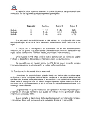 Por ejemplo, si un sujeto ha obtenido un total de 23 puntos, se aguarda que esté
compuesto por los siguientes puntajes esperados (en negrita):
Esperado Sujeto A Sujeto B Sujeto C
Serie A 9 11 (+2) 7 (-2) 9 (0)
Serie Ab 8 7 (-1) 10 (+2) 11 (+3)
Serie B 6 5 (-1) 6 (0) 3 (-3)
Sus respuestas serán consistentes si, por ejemplo, su puntaje está compuesto
como el del sujeto A o el de B. Será, en cambio, inconsistente, en un caso como el del
sujeto C.
El cálculo de la discrepancia es sumamente útil en las administraciones
colectivas, en las que no se pueden realizar una observación adecuada de la actitud del
sujeto (véase en Protocolo: Forma de trabajo, disposición y Perseverancia).
En la muestra de 445 niños sobre la cual se construyeron las normas de Capital
Federal, se descartaron 25 sujetos por inconsistencia en sus puntuaciones.
Es esperable que un margen similar (un 6% de los casos) presente puntajes
inconsistentes cuando la administración se realiza en forma colectiva.
b) Transformación del puntaje directo a percentil
Los autores del Manual afirman que el método más satisfactorio para interpretar
el significado de un puntaje es considerado en función de la frecuencia porcentual con
que ese valor aparece entre personas de la misma edad. Este método tiene sobre tiene
sobre otros la ventaja de que no implica ningún supuesto a priori acerca de que el
desarrollo de la capacidad intelectual en la infancia sea necesariamente uniforme o se
distribuya simétricamente.
Los percentiles son puntuaciones que se expresan en función del porcentaje de
personas, en el grupo normativo, que queda por debajo de una puntuación directa
determinada (Anastasi, 1980).
Si, por ejemplo, el 5 por ciento de los sujetos resuelven correctamente menos de
15 problemas de un test, corresponde una puntuación directa al 15 percentil 5.
 