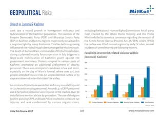 India Risk Review 2017 www.mitkatadvisory.com[10]
includingtheNationalHumanRightsCommission.Anall-party
meet chaired by the Union Home Ministry and the Prime
Ministerfailedtocometoaconsensusregardingtheremovalof
the Armed Forces (Special Powers) Acts (AFSPA) in J&K. While
the curfew was lifted in most regions by early October, several
incidentsofunrestmarredthefollowingmonths.
Geopolitical Risks
UnrestinJammu&Kashmir
2016 saw a record growth in homegrown militancy and
radicalization of the Kashmiri population. The coalition of the
Peoples Democratic Party (PDP) and Bharatiya Janata Party
(BJP)inKashmirandJammuregionsrespectivelywasviewedin
a negative light by many Kashmiris. This has led to a growing
influenceoftheHizbulMujahideenamongsttheMuslimyouth.
The death of Burhan Wani, commander of Hizbul Mujahideen,
during a planned security forces operation in July triggered a
large-scale mobilization of Kashmiri youth against the
government machinery. Protests erupted in various parts of
Kashmir, prompting an additional deployment of security
personnel. There was a complete breakdown in law and order,
especially on the day of Wani's funeral, where over 200,000
people attended his last rites.An unprecedented curfew of 53
dayswasobservedintendistrictsoftheValley.
Anestimated85civilianswerekilledandmanymoreleftinjured
inclasheswithsecuritypersonnel.Around1,274CRPFpersonnel
and 2,747 police personnel were injured in the clashes. Over 32
installations were set ablaze by protestors. The use of shotguns
('pellet'guns)byCRPFandStatePoliceresultedinincreasedeye
injuries and was condemned by various organizations,
300
250
200
150
100
50
0
2013 2014 2015 2016
20
61
100
163
113110
181
260
174
193
32
20
13
51
41
84
Civilian Fatalities Security Forces FatalitiesTerrorist Fatalities Total Fatalities
Source: SATP
Fatalitiesinterroristrelatedviolencewithin
Jammu&Kashmir
 