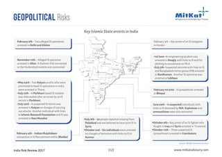 India Risk Review 2017 www.mitkatadvisory.com[12]
Geopolitical Risks
KeyIslamicStatearrestsinIndia
Andhra
Pradesh
Arunachal
Pradesh
Assam
Bihar
Chhattisgarh
Goa
Gujarat
Haryana
Himachal
Pradesh
Jammu & Kashmir
Jharkhand
Karnataka
Kerala
Madhya Pradesh
Maharashtra
Manipur
Meghalaya
Mizoram
Nagaland
Orissa
Punjab
Rajasthan
Sikkim
Tamil
Nadu
Tripura
Uttar Pradesh
Uttarakhand
West
Bengal
Delhi
Telangana
February 6th – Two alleged IS operatives
arrested in Delhi and Silchar
November 17th – Alleged IS operative
arrested in Sikar. A Kashmir link connected
to the Hyderabad module was uncovered
§May 23rd – Two Kalyan youths who were
promoted to head IS operations in India
were arrested in Thane.
§July 12th – A Parbhani based IS module
was intercepted after an arrest by an IS
recruit in Parbhani.
§July 23rd – A suspected IS recruit was
arrested in Kalyan on charges of carrying
out attacks. Another individual with links
to Islamic Research Foundation and IS was
arrested in Navi Mumbai
February 4th – Indian Mujahideen
connection in IS Recruitment within Bhatkal
§July 8th – 20 people reported missing from
Palakkad and are believed to have joint IS in
Syria.
§October 2nd – Six individuals were arrested
on charges of terrorism with links to IS in
Kannur
February 5th – Key arrest of an IS instigator
in Hardoi
§1st June- An engineering student was
arrested in Hoogly with links to IS and for
plotting to assassinate an MLA
§July 5th- Suspected terrorist with links to IS
and Bangladeshi terror group JMB arrested
at Bardhaman. Another IS operative was
arrested at Labhpur
February 1st 2016 - IS sympathizer arrested
in Bhopal
June 29th – 11 suspected individuals with
links to IS detained by NIA. Explosives and
ammunitions were also recovered
§October 6th – Key arrest of an IS fighter who
fought in Iraq and Syria arrested in Tirunelvel
§October 12th – Three suspected IS
sympathizers arrested in Coimbatore
Source: MitKat Advisory Services
 